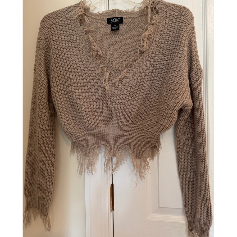 Just Polly Women Tan Distressed V-Neck Cropped Shaker Knit Sweater Size M